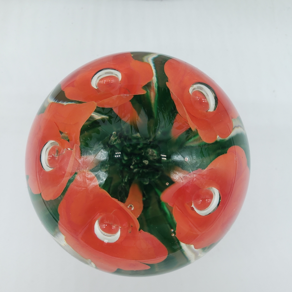 Joe St. Claire Art Glass Paperweight with Orange Trumpet-shaped Flowers - Picture 5 of 10